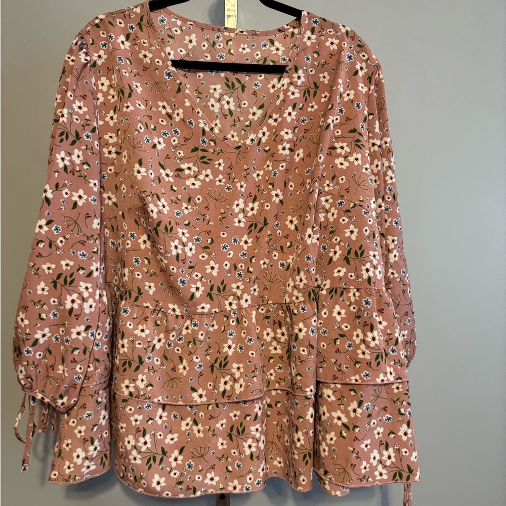 Shein Women's Floral Pink Blouse 3/4 Sleeve Pull Over V Neck‎ Peasant Blouse 4X